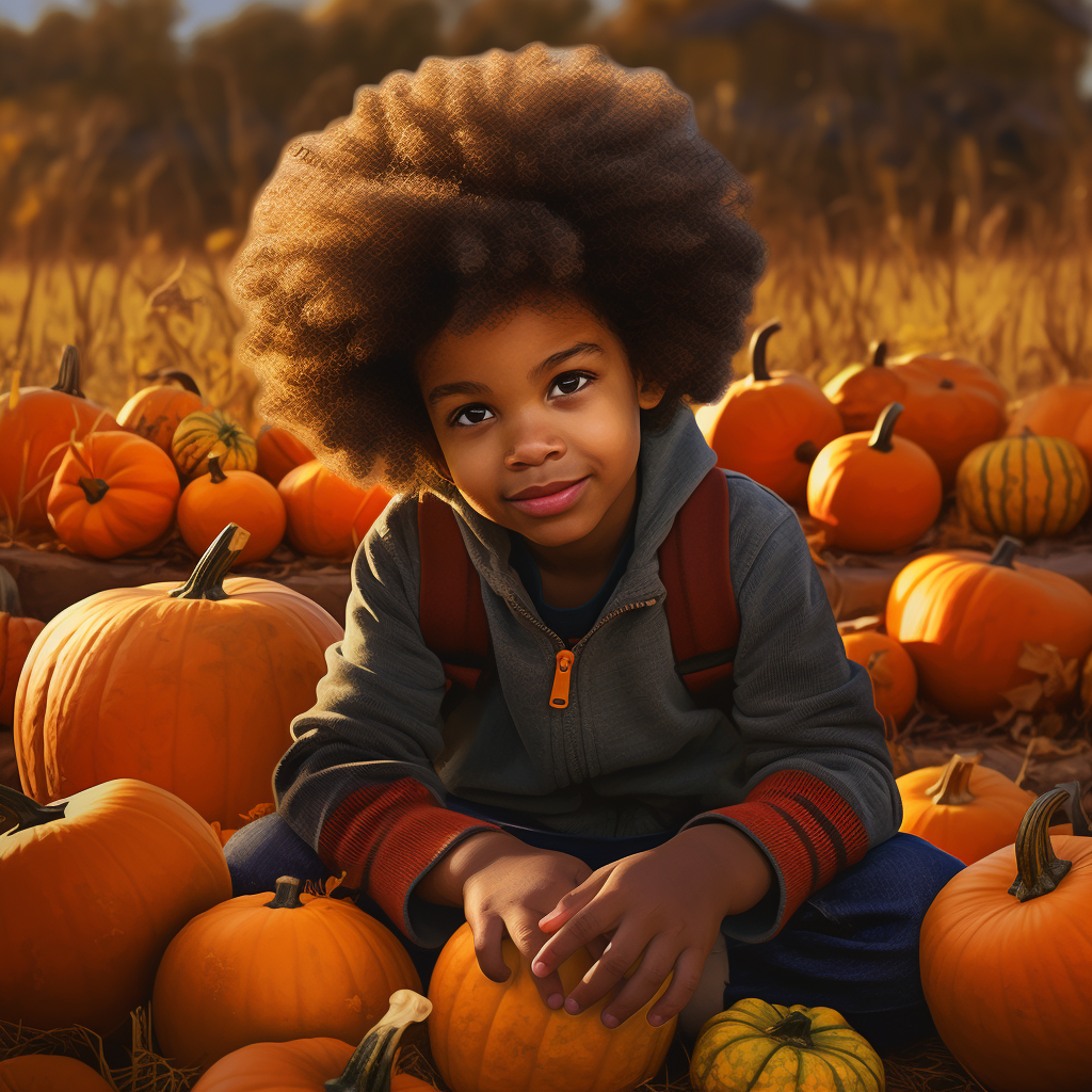 Afroamerican child enjoying pumpkin farm