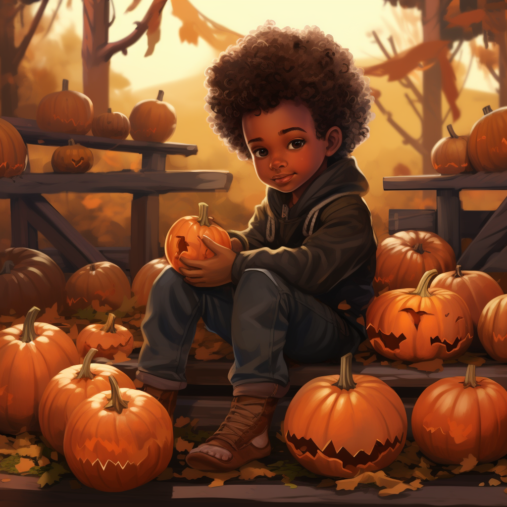 Happy child playing with pumpkins