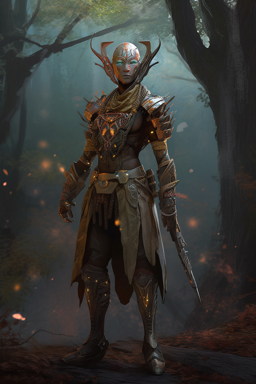 Fashionable afrofuturism woodland warrior in sci-fi fantasy costume