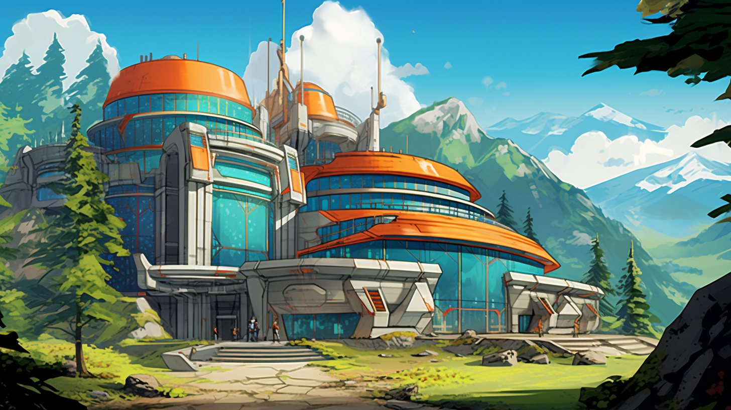 Afrofuturist exterior door research facility in mountains sketch