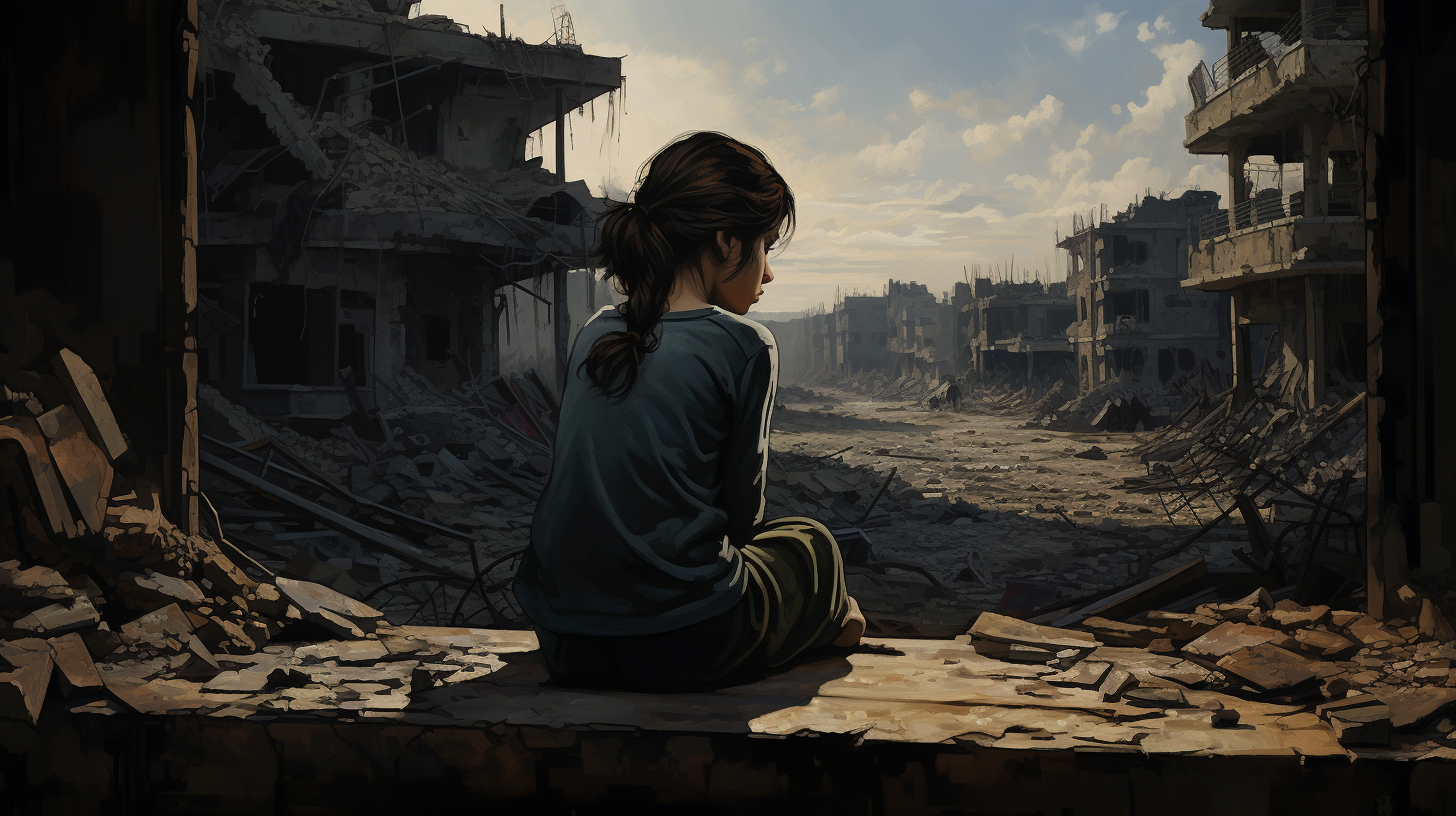 Girl crying in war aftermath scene