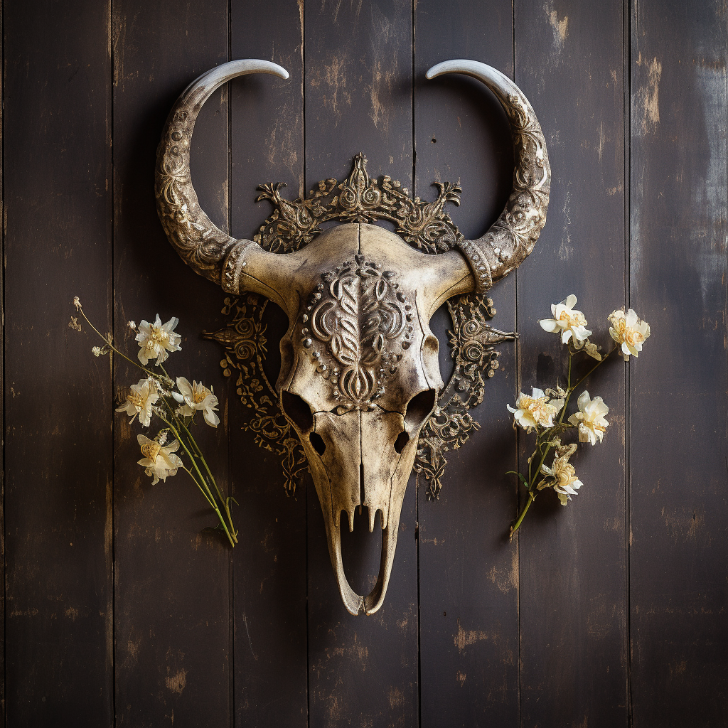 Decorated cow skull with embedded brass