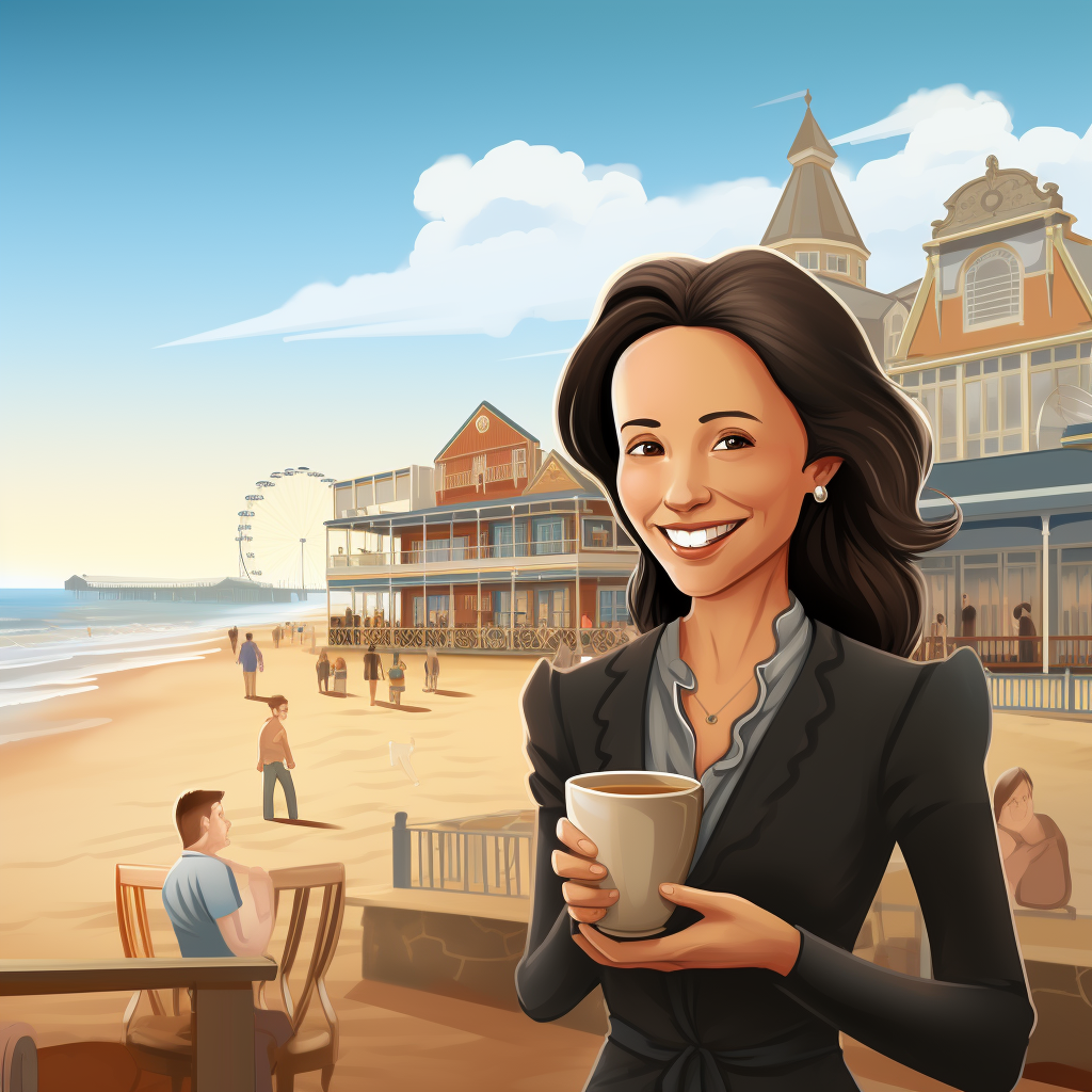 Smiling woman holding a cup and saucer at the beach