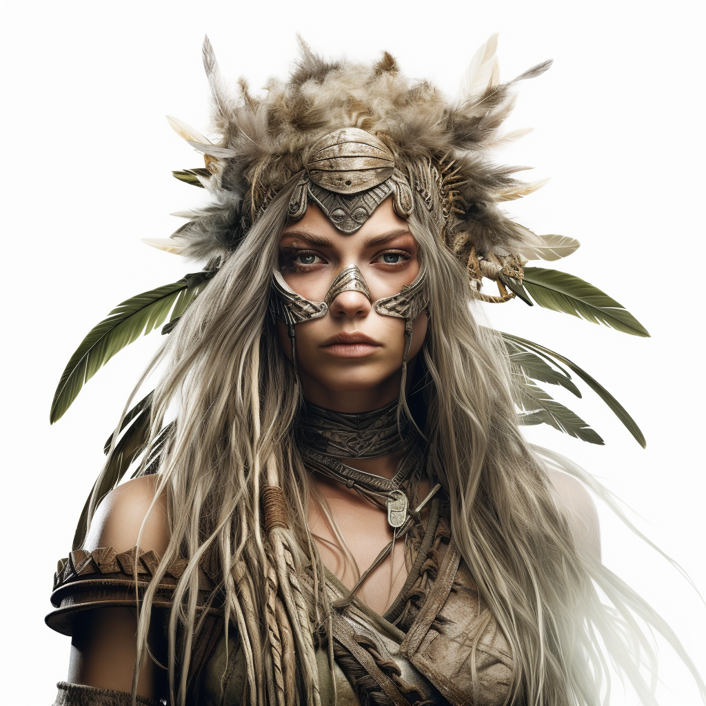 Beautiful ageless wood elf ranger with braided hair and feathers.