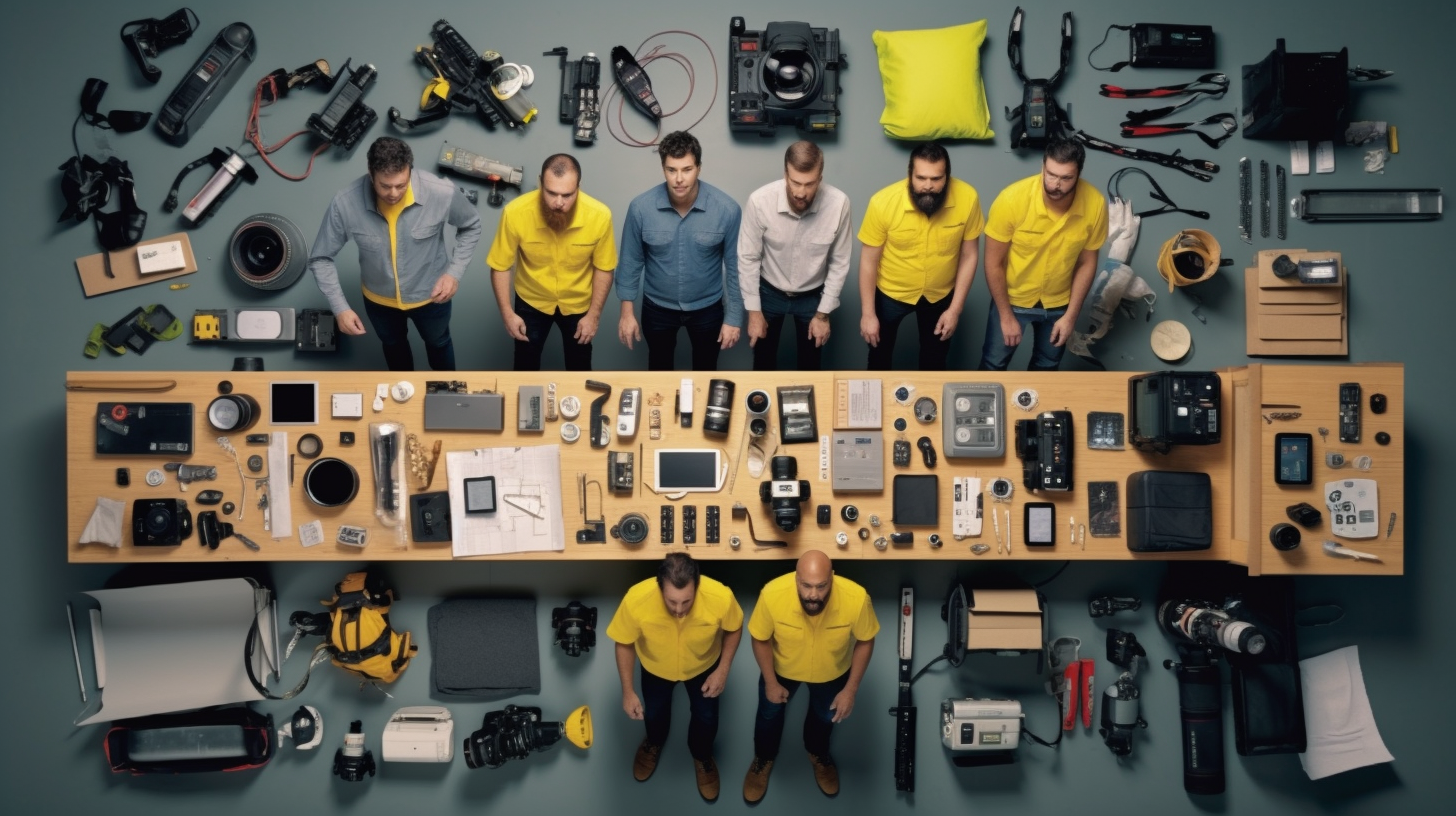 Group of agency workers with laptops and cameras