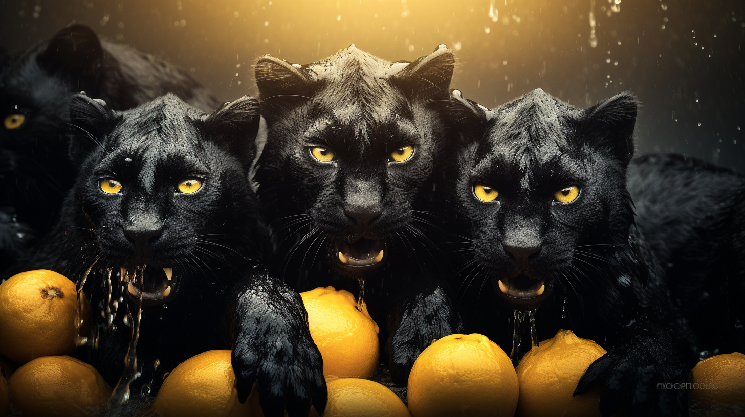 Aggressive Black Panthers in Oranges Fruit Storm