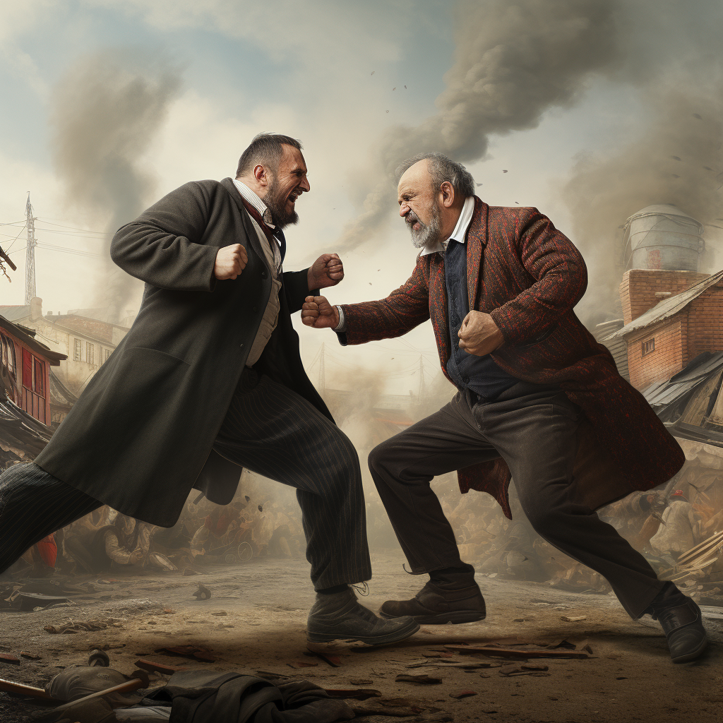 Two men fiercely fighting each other