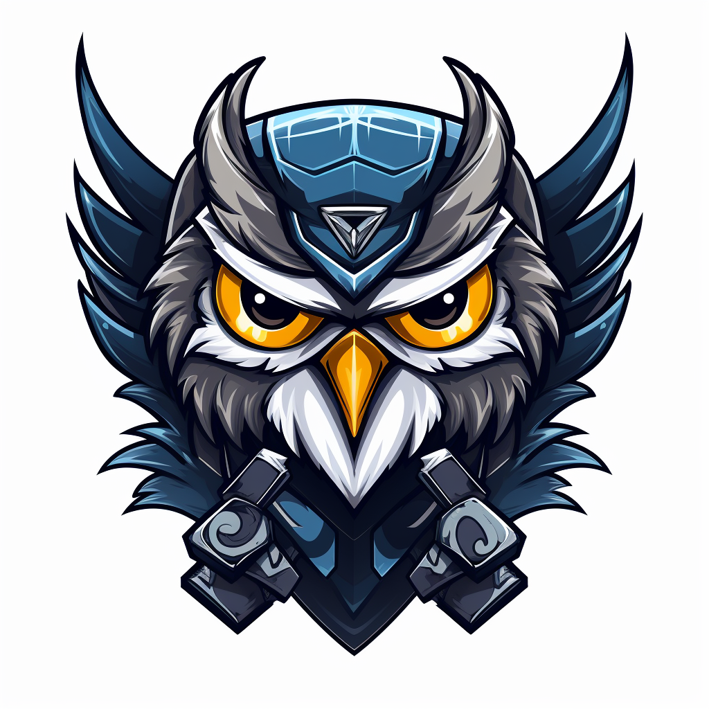 Aggressive owl with hockey helmet and crossed sticks