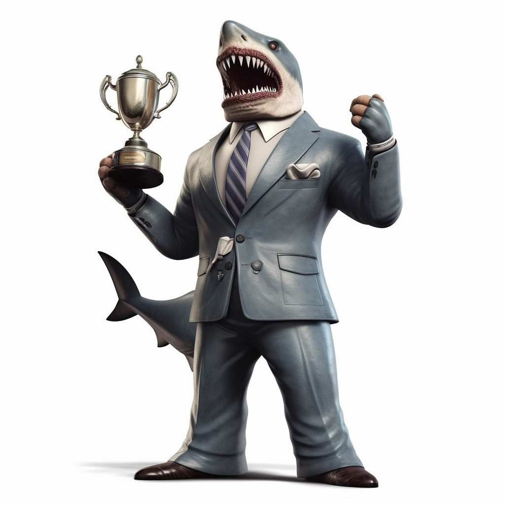 Aggressive shark holding a trophy in a suit