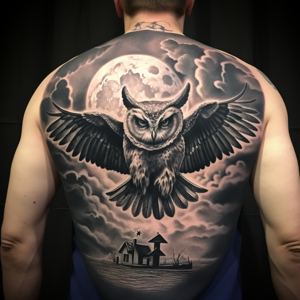 Realistic owl flying aggressively under full moon