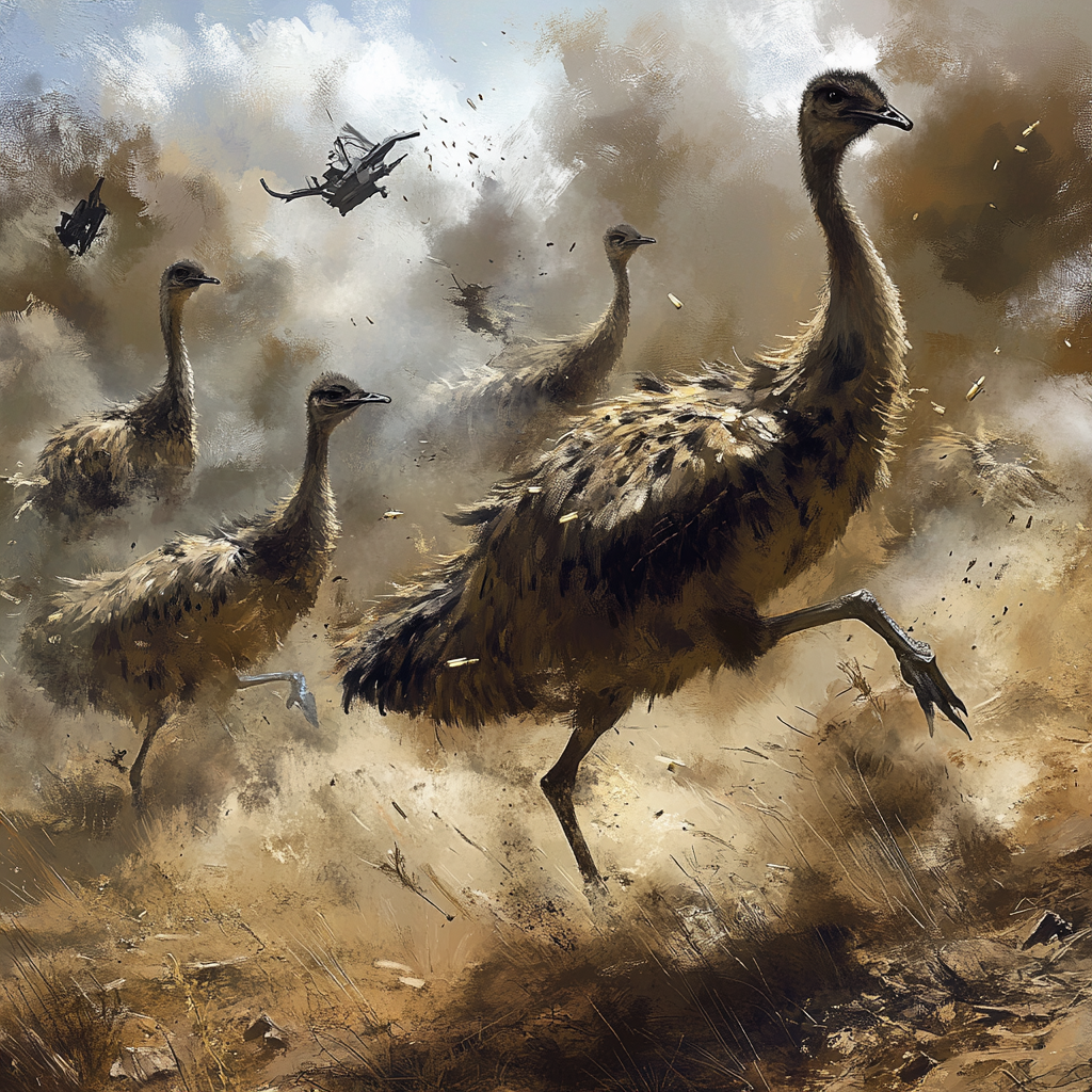 Emus dodging gunfire in field