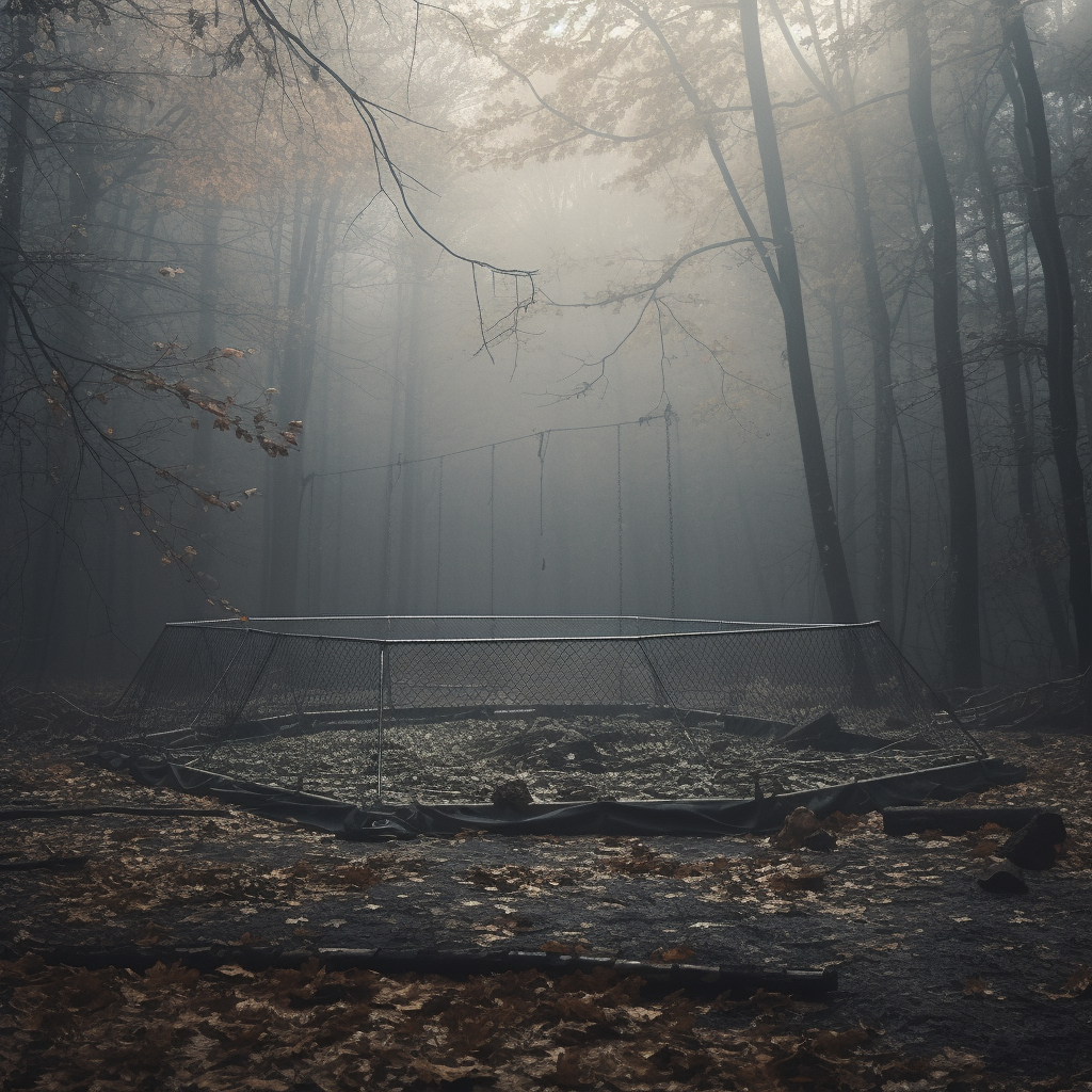 Wrestling ring in woods with barbed wire, fog, leaves