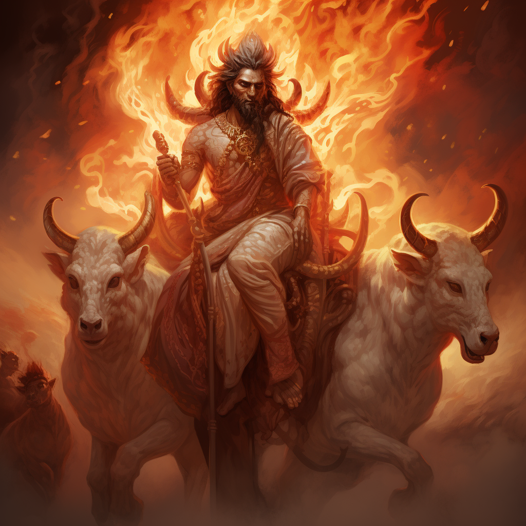 Agni God of Fire Riding Chariot Goats Rams