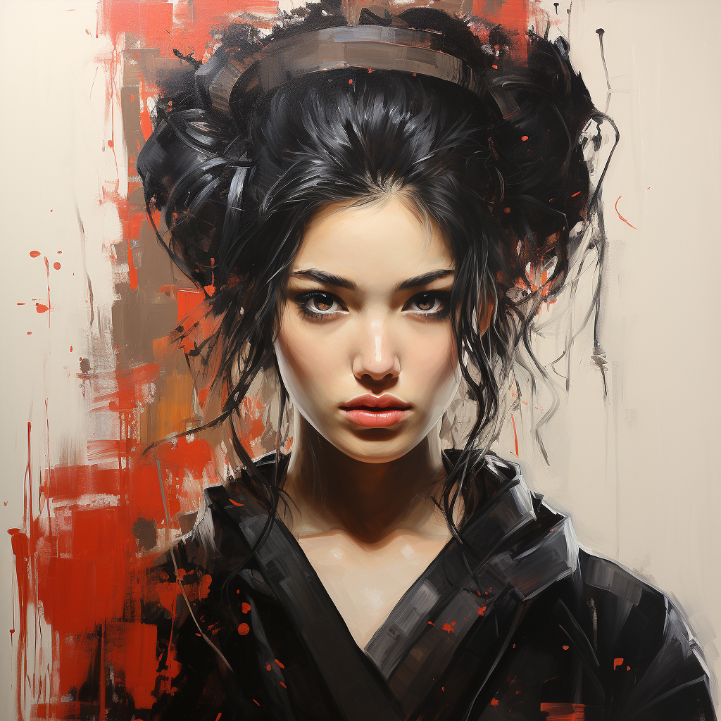 Agressive Japanese Geisha Staring Intensely in Acrylic Painting