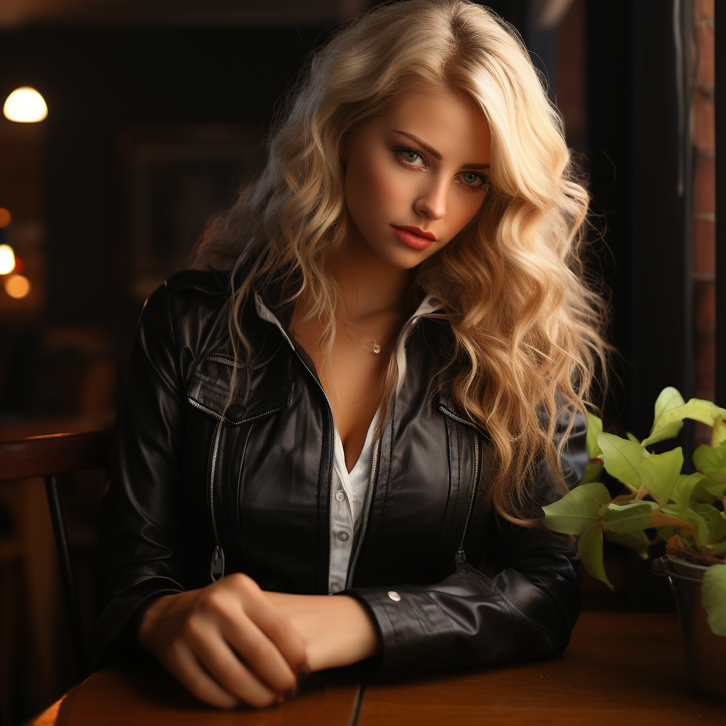 Blonde model in leather jacket