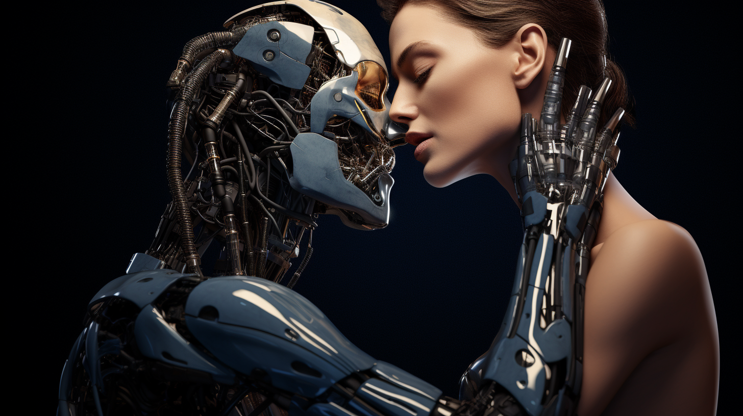 Realistic AI android destroying human with a kiss