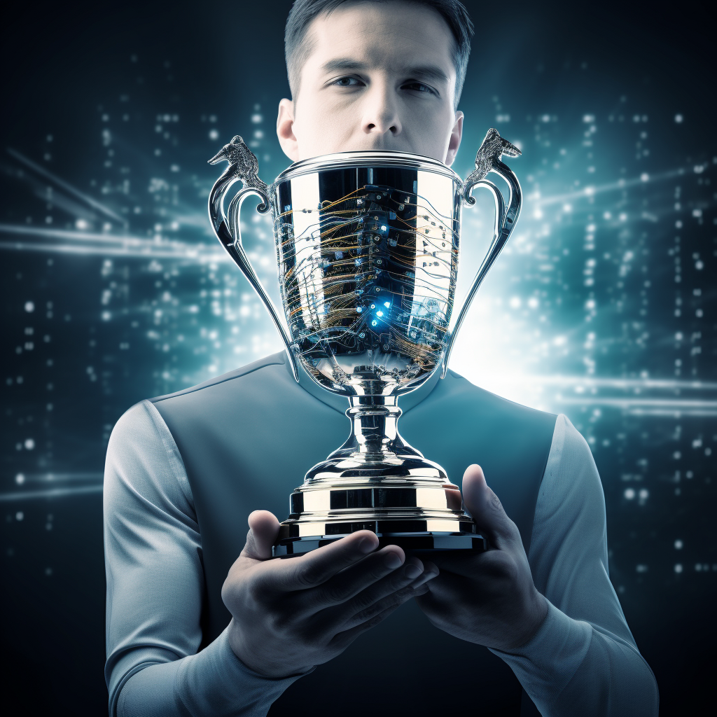 Person holding AI championship trophy