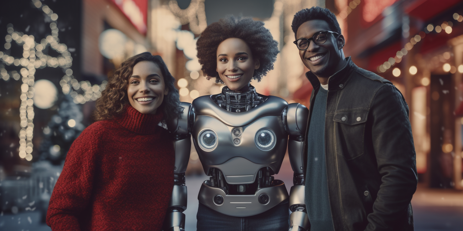 AI robot and developers in holiday campaign ad