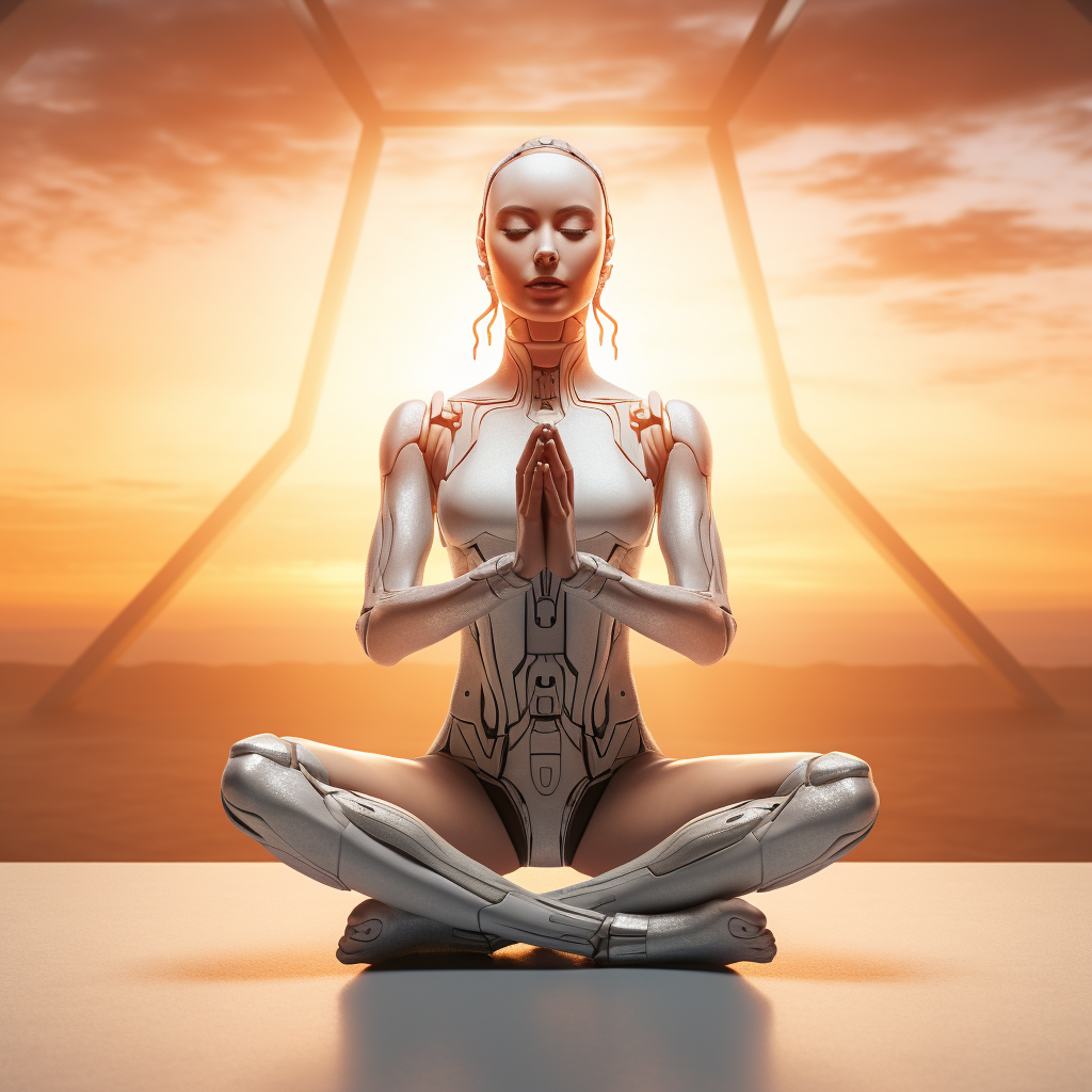 AI humanoid robot practicing yoga pose