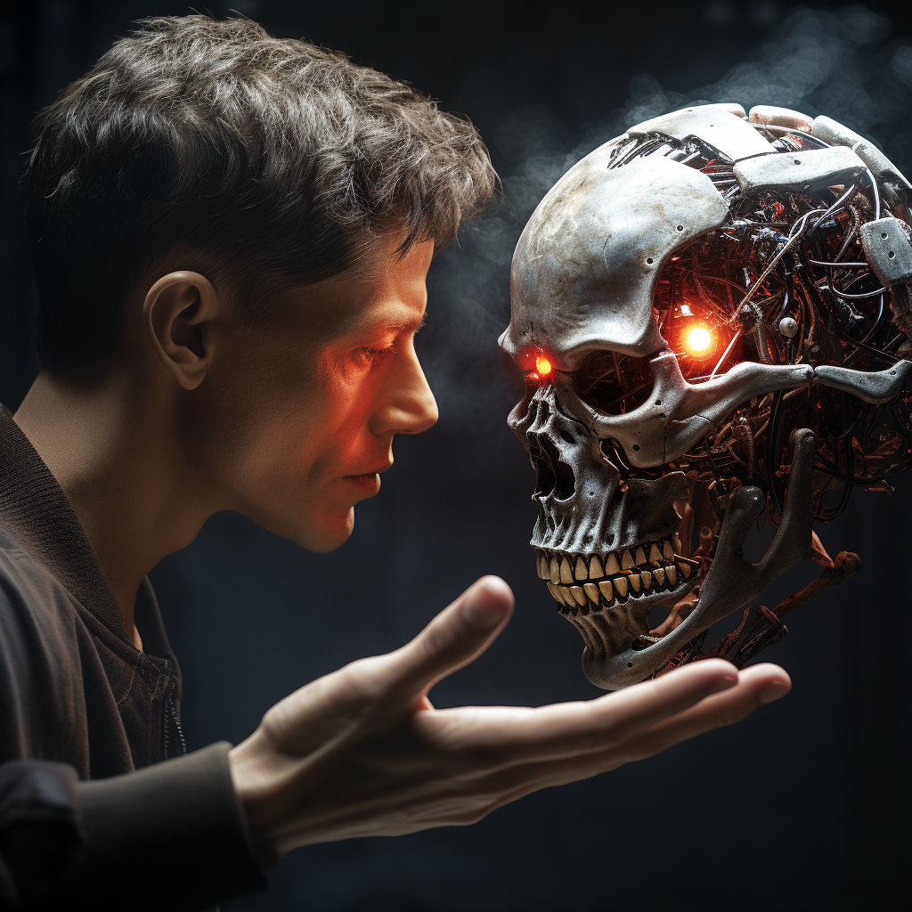 AI robot holding human skull  image