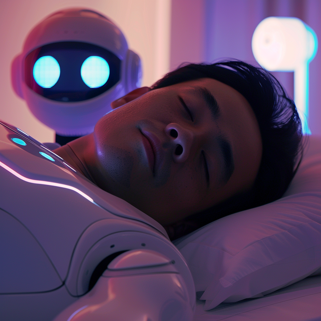 AI robot observing man sleeping