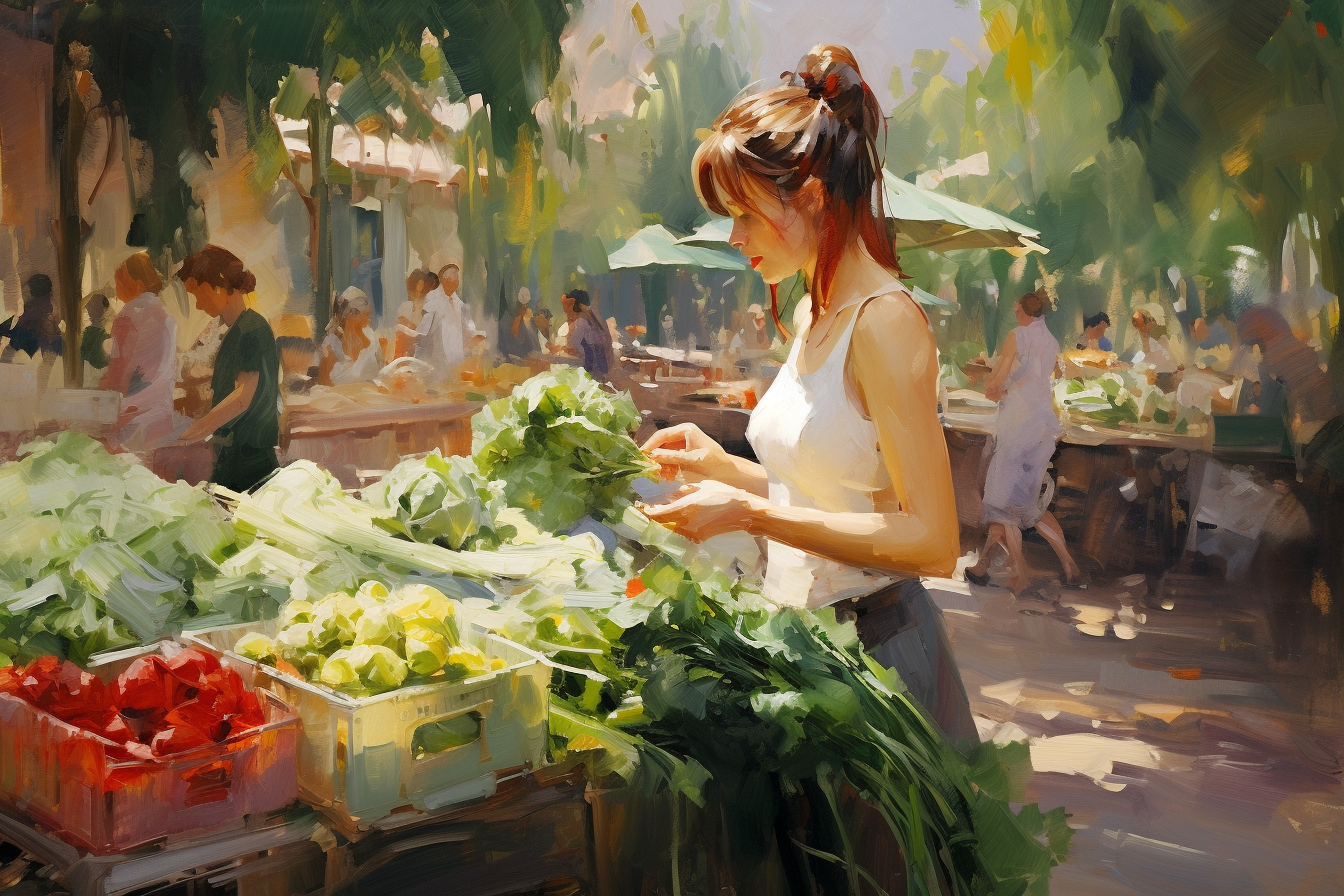 AI shopping for vegetables in sunny market