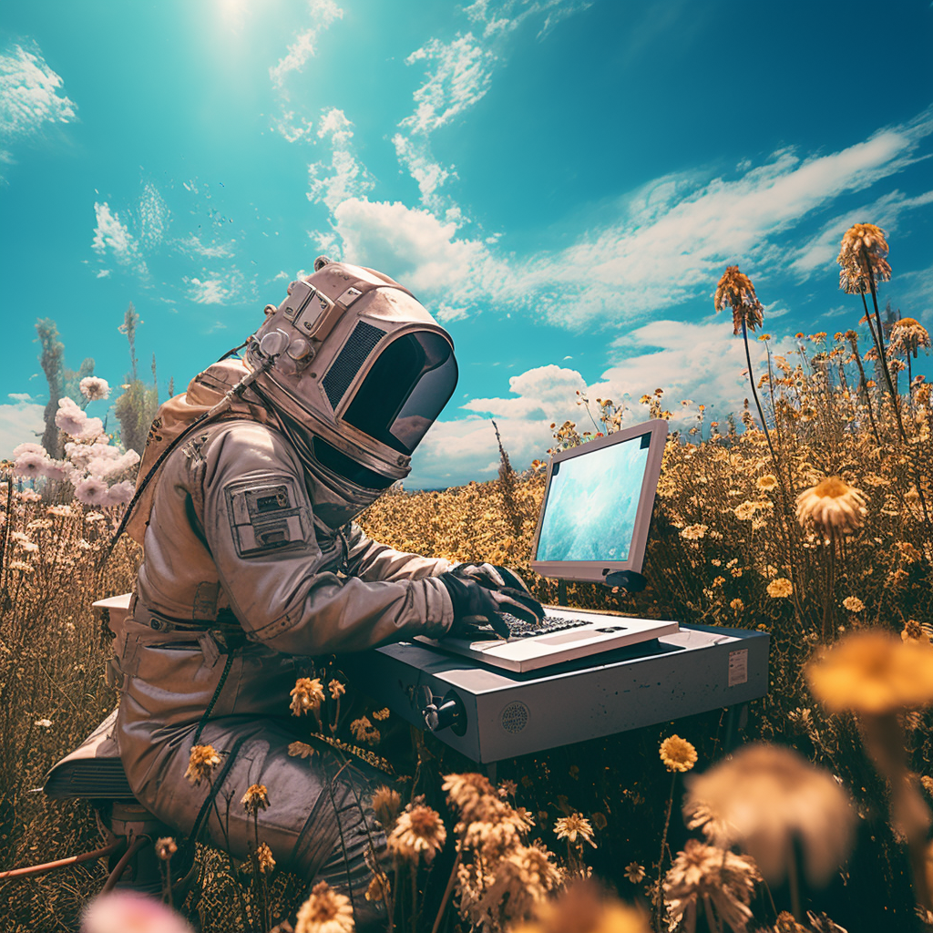 AI beekeeper working in flower field