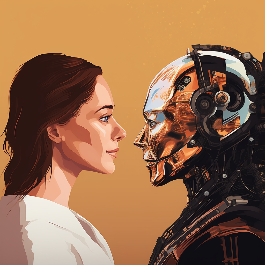 Illustration of an AI robot and a middle aged woman staring