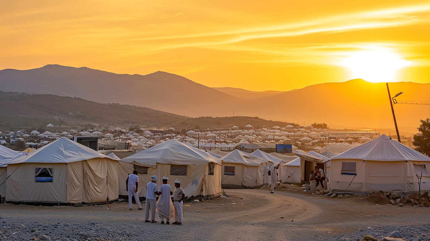 Aid workers setting up refugee tents