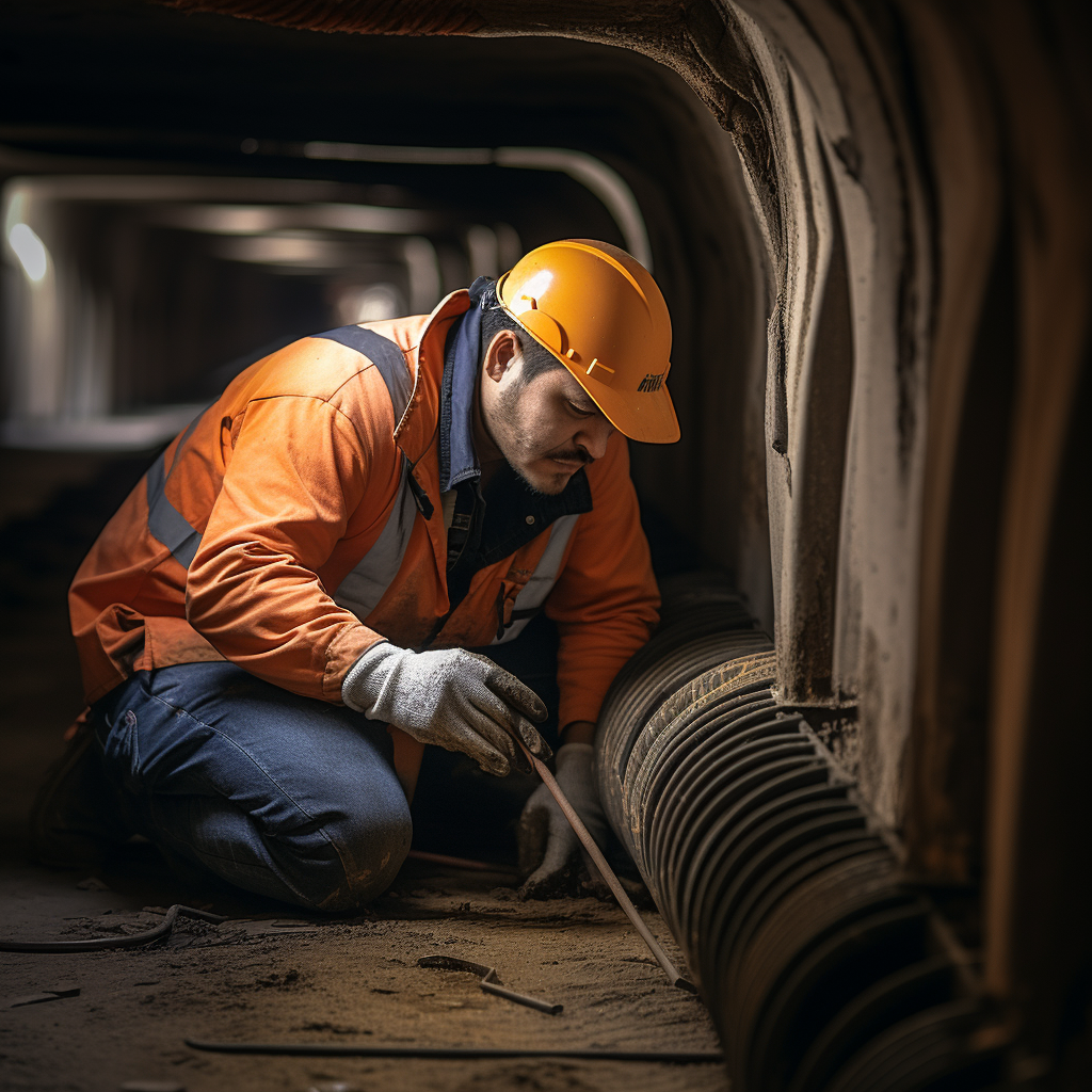 Professional worker cleaning air duct