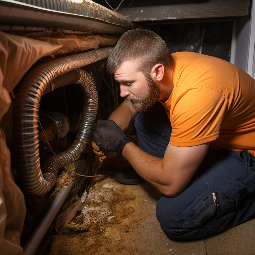 Professional worker cleaning air duct