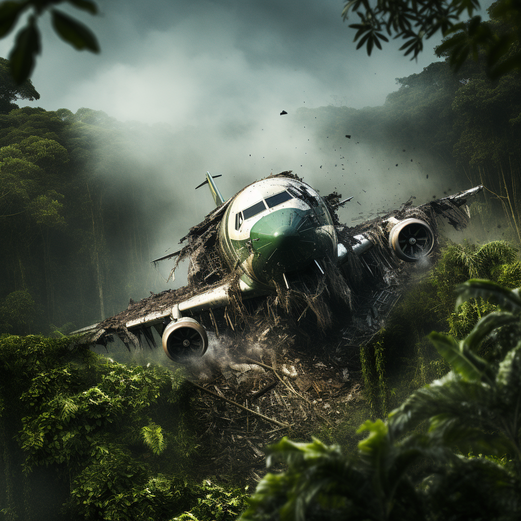 Crashed airplane in dense jungle