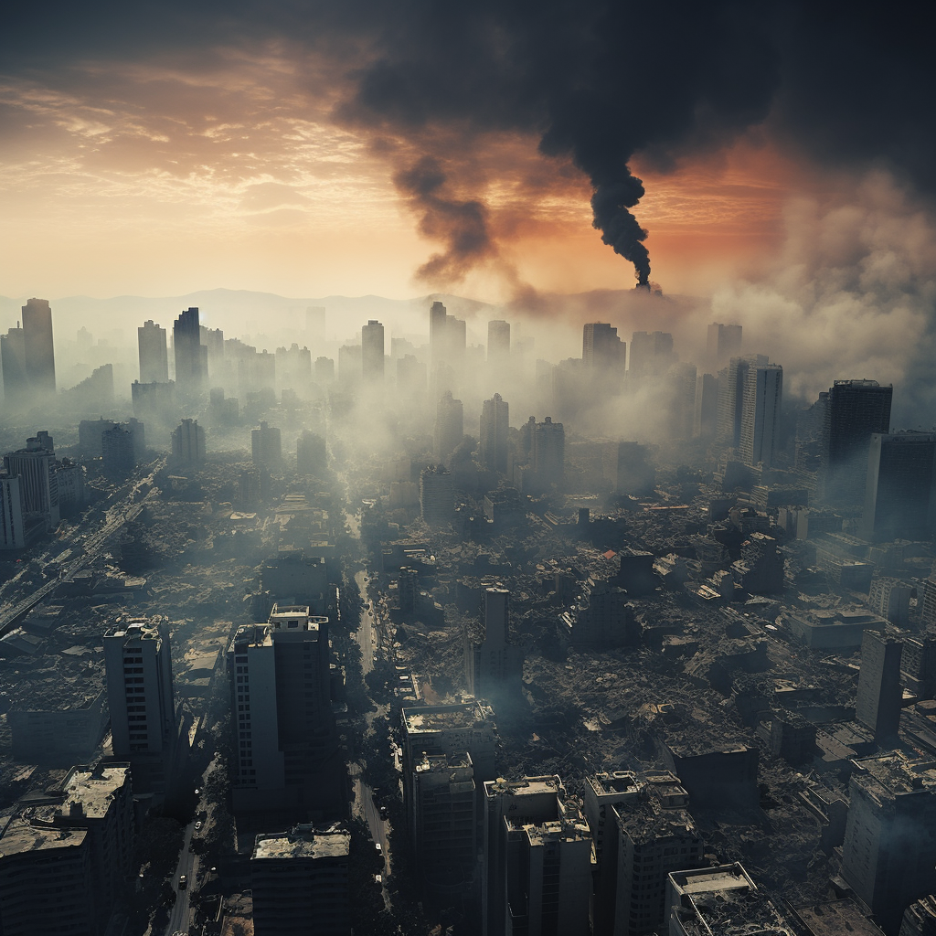 Photorealistic image showing air pollution in a city