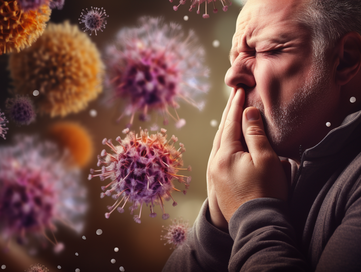 Man sneezing due to airborne allergens and viruses