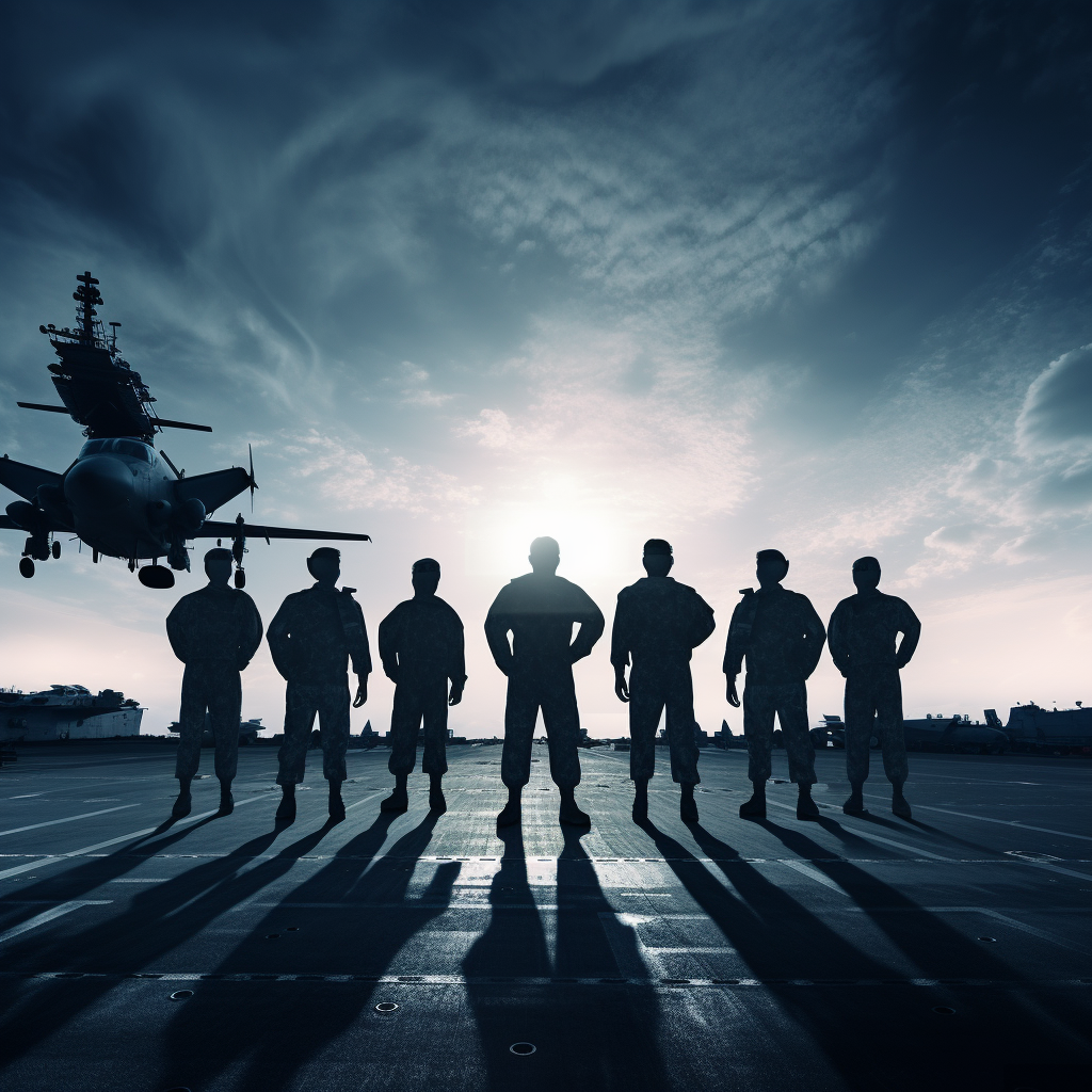 Soldiers in Formation on Aircraft Carrier Battleship