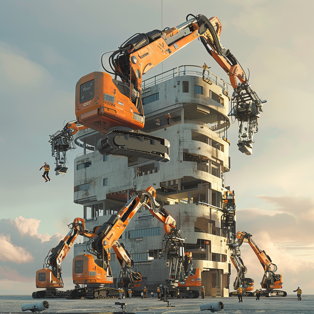 AI robots constructing building autonomously