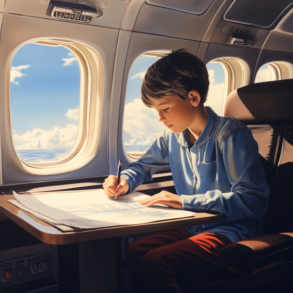 Boy drawing in airplane