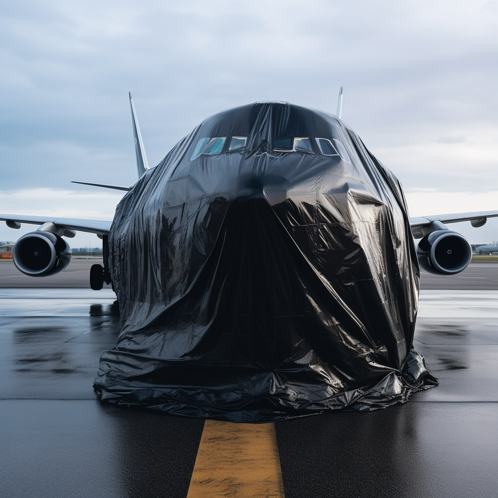 Airplane Covered with Garbage Bag