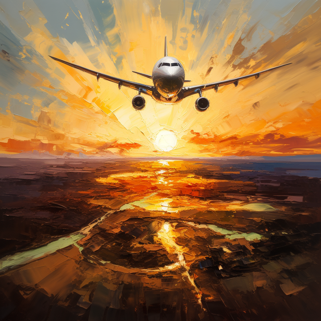 Airplane flying over a sunset in an oil painted style