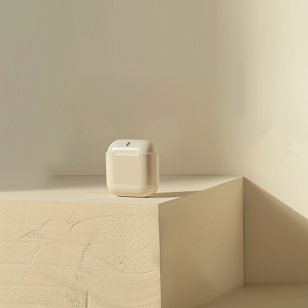 Airpod case on beige ledge