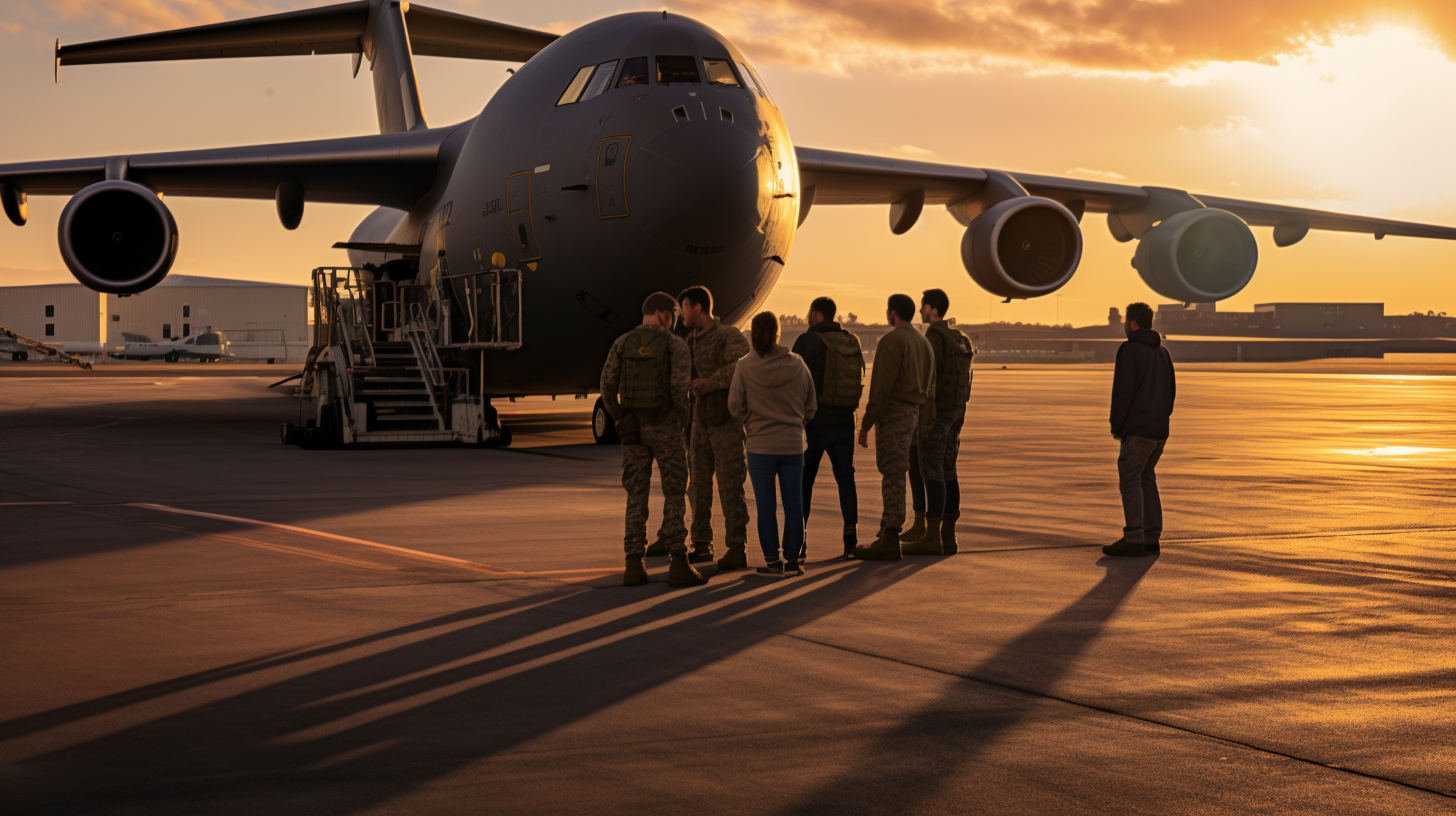 Group near open C17 Globemaster cargo door