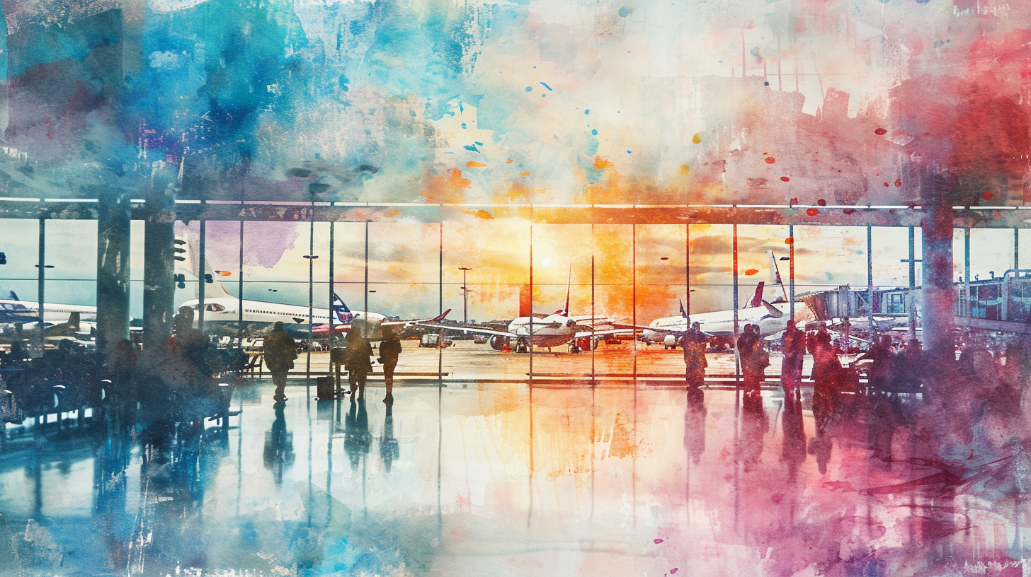 Abstract Light Watercolor Painting Airport Jets Runway Crowds People View