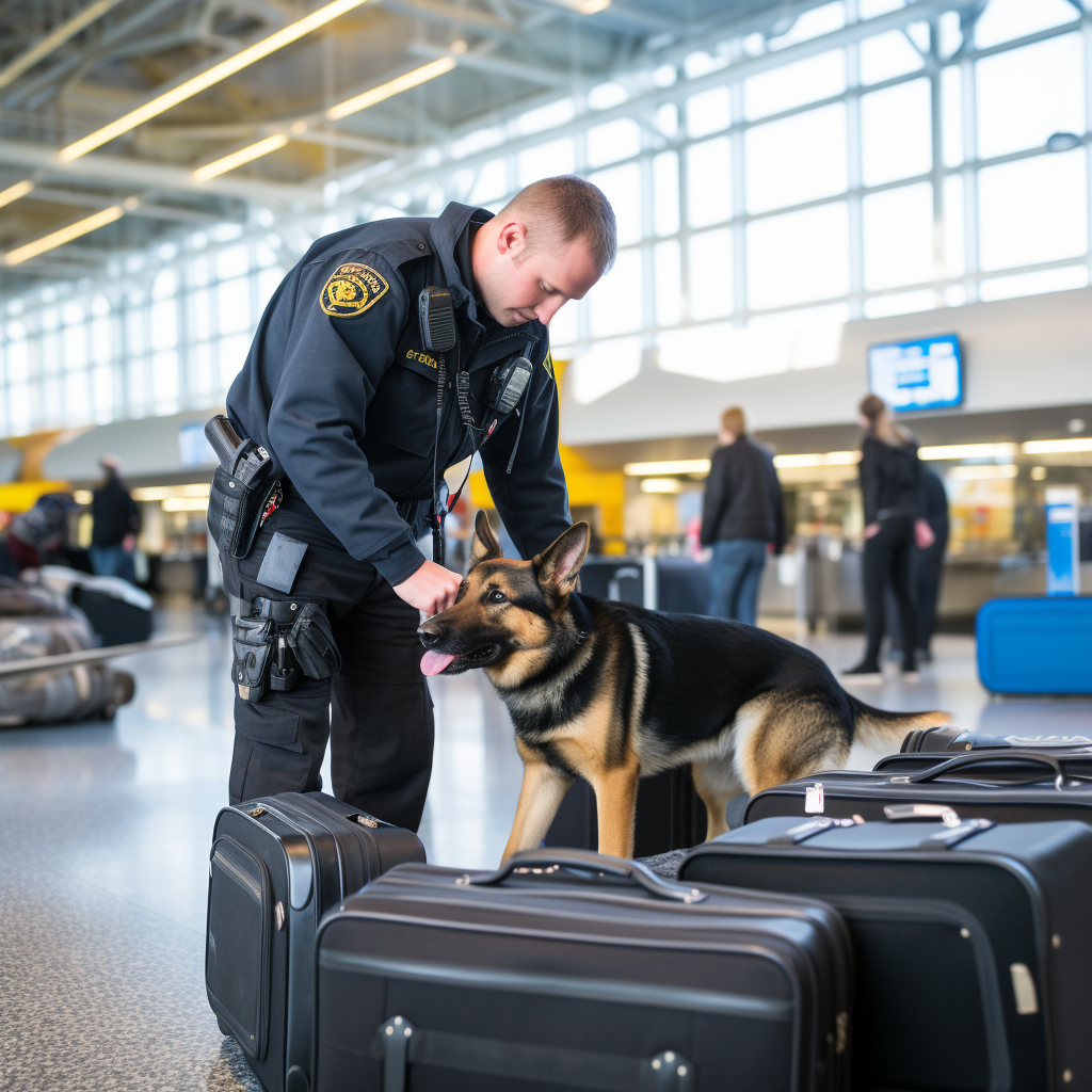 Police dog sniffing luggages at airport