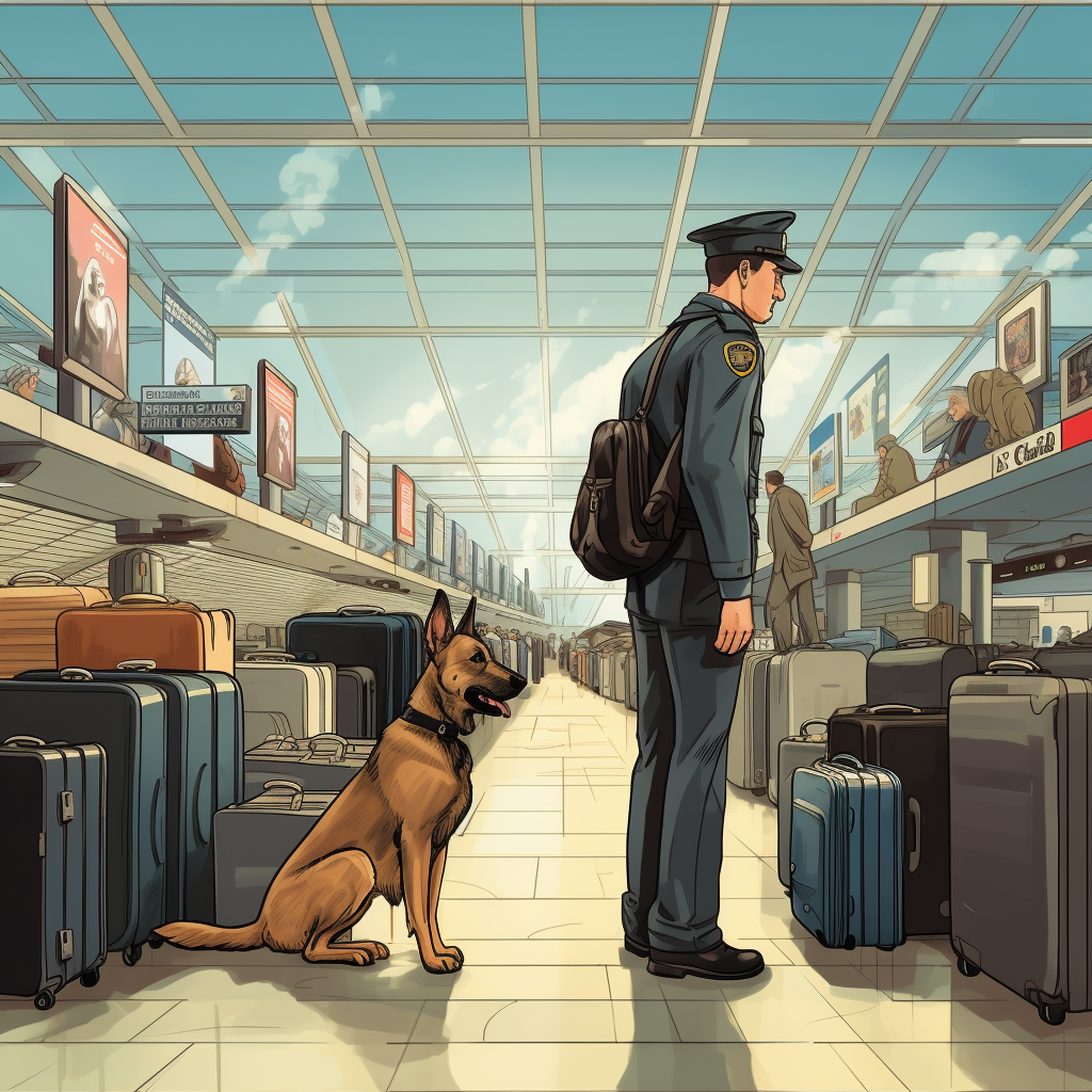 airport security guard with sniffer dog inspecting luggage