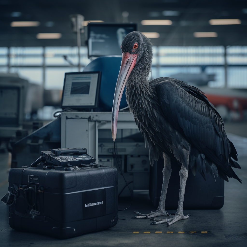 Black stork in front of laptop at airport