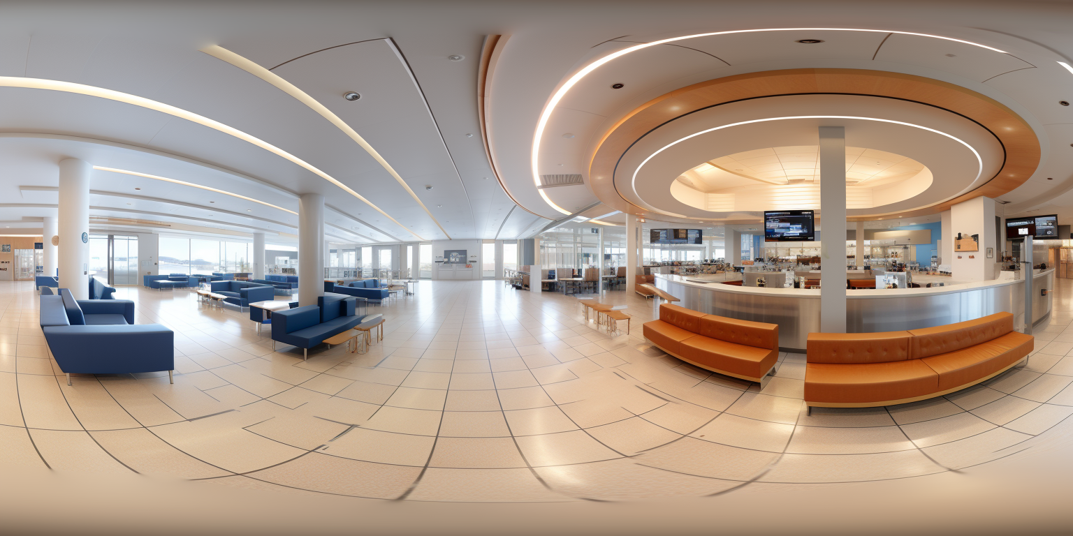 Airport waiting room with check-in counter and big screens