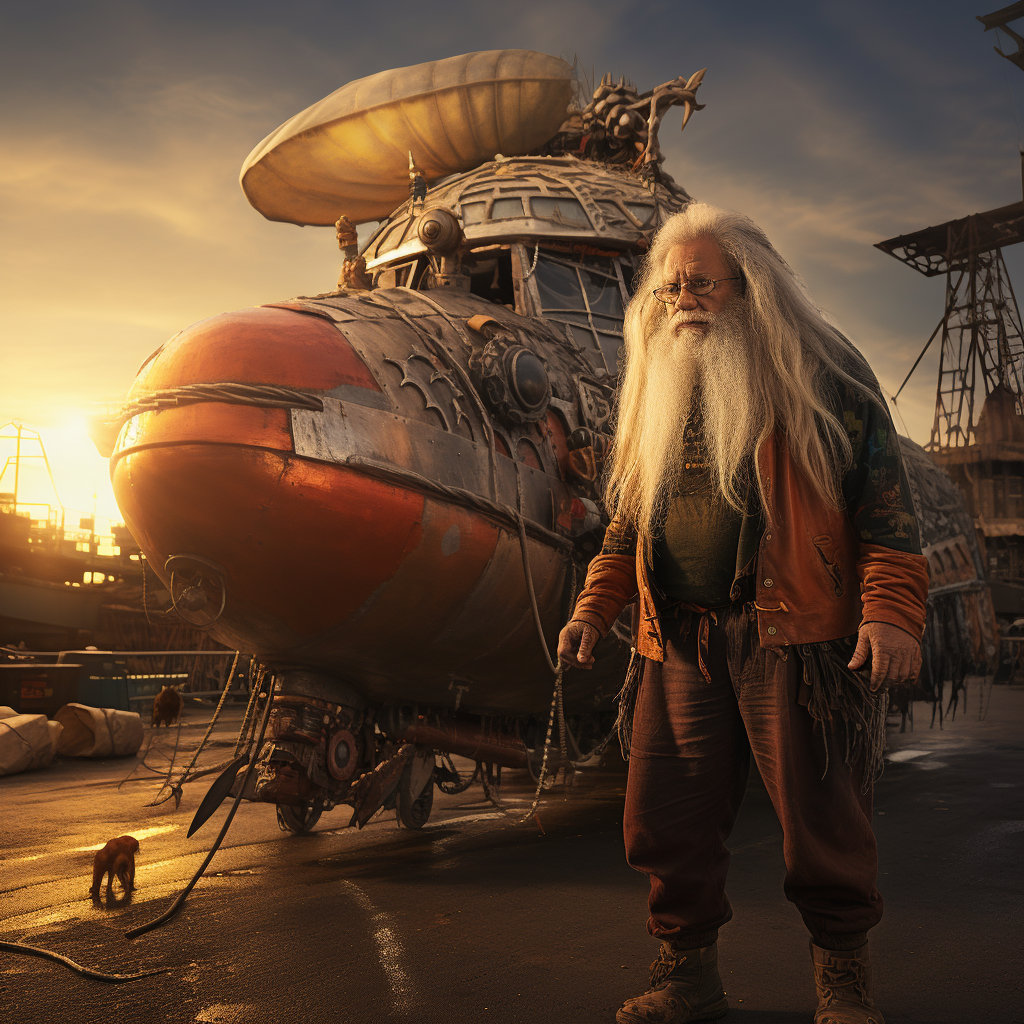 78-year-old gnome pulling airship at sunset