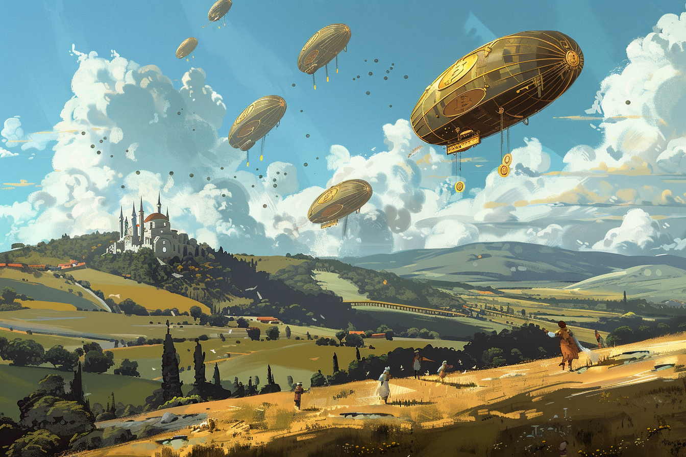 Airships dropping crypto tokens illustration