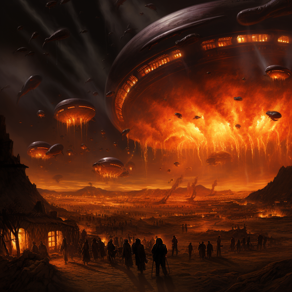 Airships on fire at night, panic and chaos