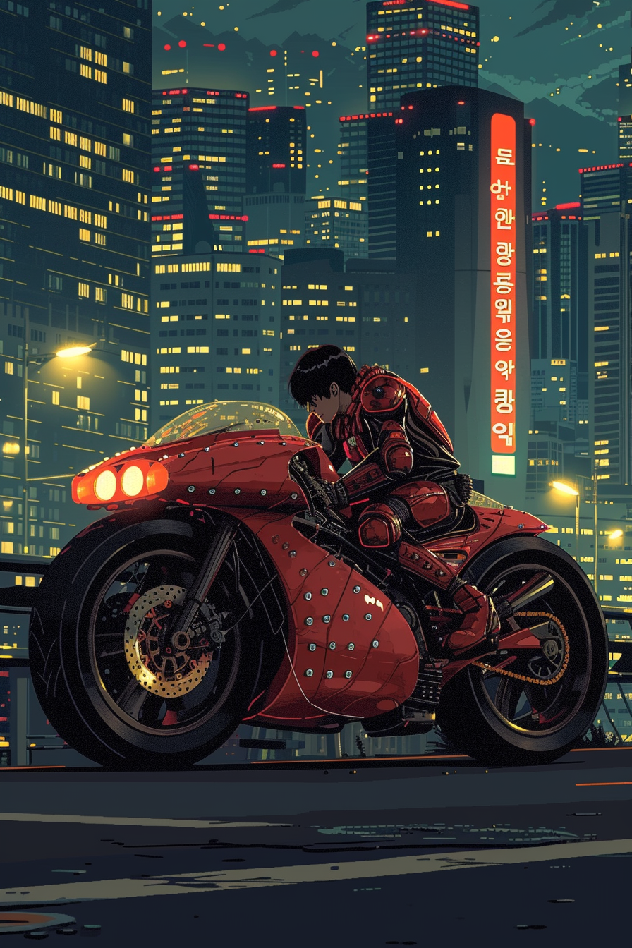 Akira on Futuristic Superbike in Seoul Night